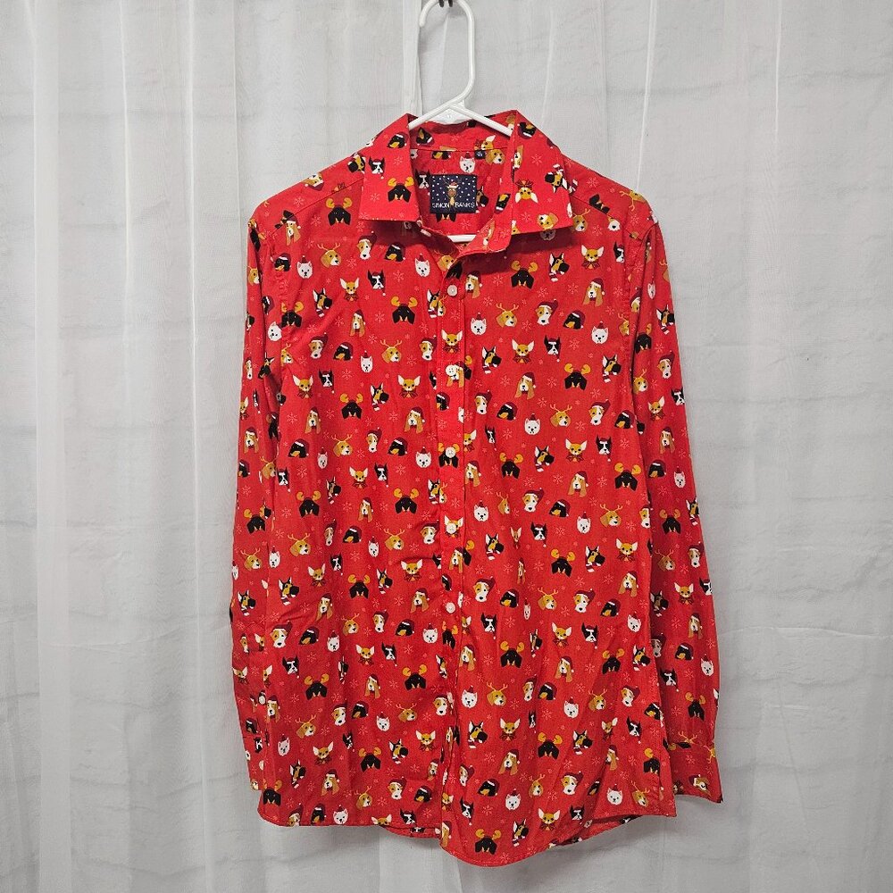 Simon Banks Blouse Red Christmas Dogs Button Down Casual Holiday Unisex M - Picture 2 of 8